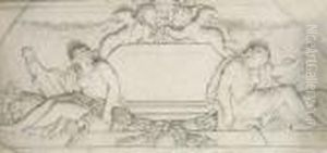 Two Seated Female Figures Flanking A Blank Cartouche: Design For Anoverdoor by Aubin Vouet