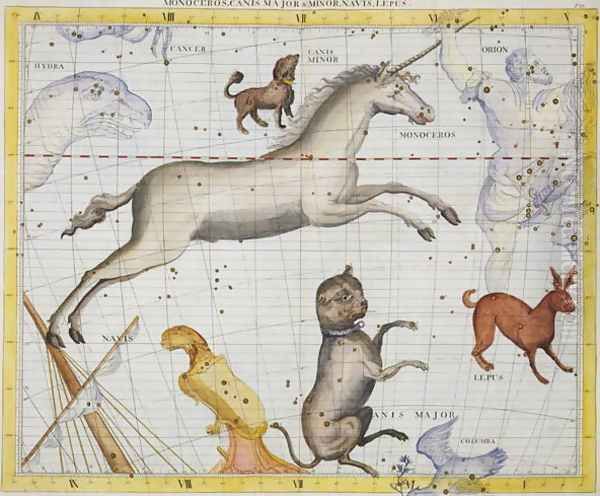 Constellation of Monoceros with Canis Major and Minor, plate 13 from Atlas Coelestis, by John Flamsteed 1646-1710, published 1729 - view 1