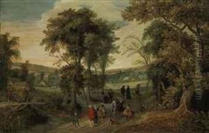 A Wooded Landscape With Elegant Figures Riding, Shooting Andconversing, A Village Beyond
