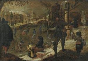 A Winter Landscape With Skaters On A Frozen Canal by Sebastien Vrancx