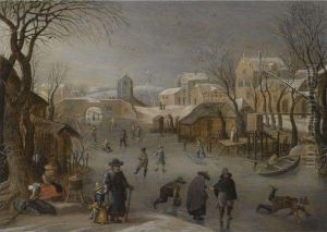 A Winter Landscape With Skaters On A Frozen Canal by Sebastien Vrancx