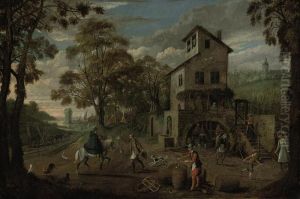 Autumn: A Village Landscape With
A Cooper At Work And Peasantspressing Grapes, A Vineyard Beyond by Sebastien Vrancx