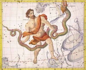 Constellation of Ophiucus and Serpens, plate 22 from Atlas Coelestis, by John Flamsteed 1646-1710, published in 1729 by Sir James Thornhill
