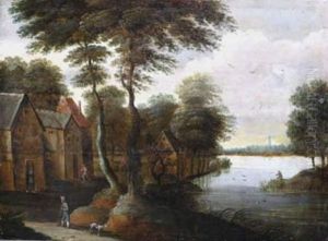 Landscape By A River With Peasants by Sebastien Vrancx