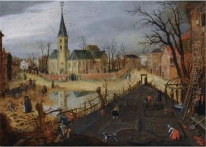 A Village Landscape With Figures Working The Land In The Foreground