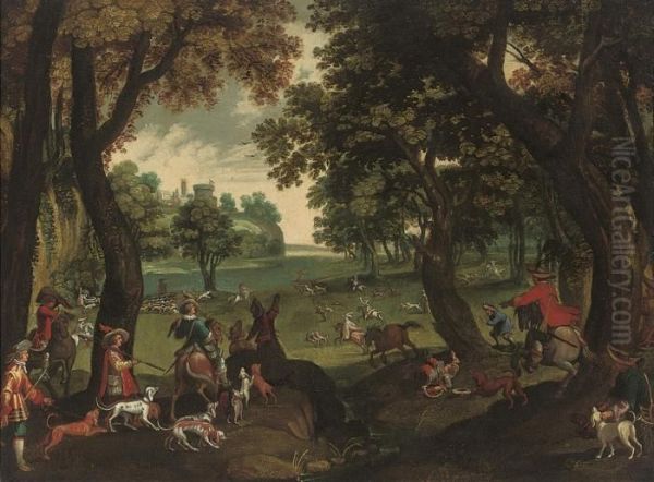 A Wooded Landscape With A Hunting Party, A Castle Beyond - view 1