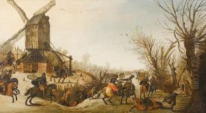 Travellers Ambushed On A Snow-covered Pathbefore A Windmill