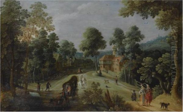 A Wooded Hilly Landscape With
Elegant Travellers And A Horse-drawn Wagon On A Path, Near A Village - view 1