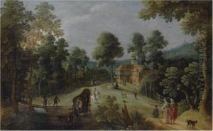 A Wooded Hilly Landscape With
Elegant Travellers And A Horse-drawn Wagon On A Path, Near A Village by Sebastien Vrancx