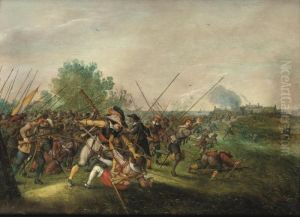 Foot Soldiers In A Battle, A Burning Village Beyond by Sebastien Vrancx