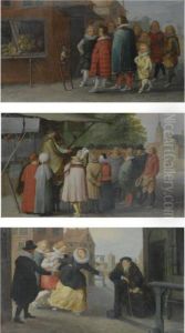 A Crowd Watching An Entertaining Monkey;
 A Salesman Addressing A Crowd;
 A Woman Escaping The Clutch Of Three Men As A Seated Gentleman Looks On