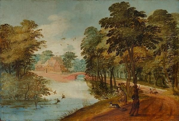 A Wooded River Landscape, With Huntsmen On A Country Path - view 1