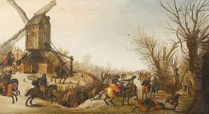 Travellers Ambushed On A Snow-covered Path Before A Windmill