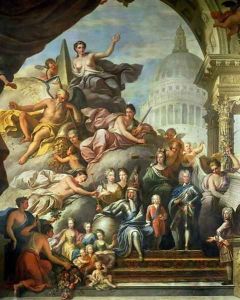 Rear wall painting of the Upper Hall glorifying George I 1660-1727 and the House of Hanover, 1718-24