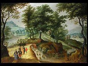 Phantasielandschaft Mit Hausern Und Mehreren Personen Auf Einem Weg Phantasielandschaft Mit Hausern Und Mehreren Personen Auf Einem Weg