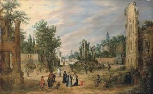 A Capriccio Of The Campo Vaccino, Rome, With Elegant Company And Peasants by Sebastien Vrancx