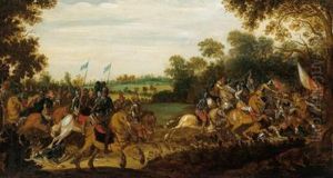 Lotta Tra Cavalleria E Picchieri In Un Paesaggio Boschivo