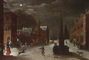 A Moonlit Winter Landscape With Figures In Horse-drawn Sledges And Townsfolk Looking On