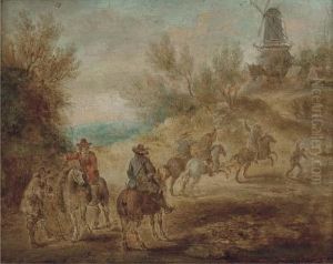 Cavalrymen Making For A Hilltop Village With A Mill