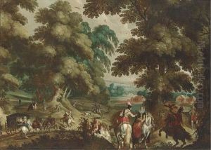 A Wooded Landscape With A Hawking Party And Elegant Company In Acarriage