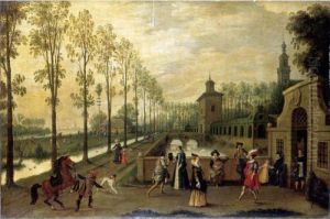 An Elegant Company Promenading Outside A Palace