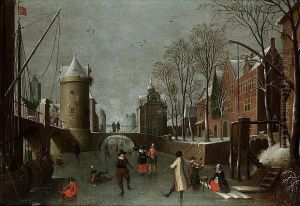 A Winter Townscape With Figures Skating On A Frozen Canal And Townsfolk Looking On