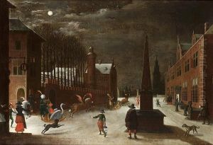 A Moonlit Winter Landscape With Figures In Horse-drawn Sledges With Townsfolk Looking On