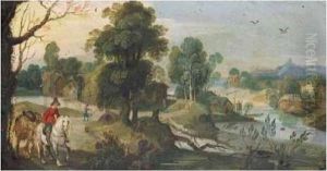 A River Landscape With A Horseman Leading A Pack Horse In The Foreground by Sebastien Vrancx