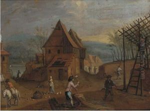 A Village Landscape With Figures by Sebastien Vrancx