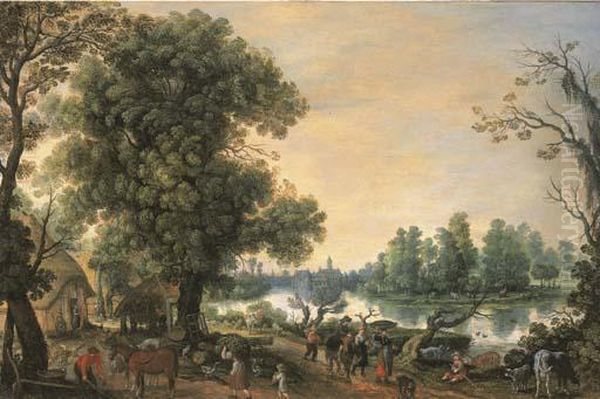 Paysans Revenant Du Marche Sur Un Chemin Au Bord D'une Riviere - view 1
