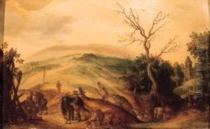 A Traveller And Pilgrims Halting
 Near A Chapel On A Country Road, Achurch And A Valley Beyond