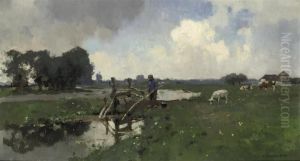 A Fisherman In A Dutch Polder Landscape by Cornelis Vreedenburgh