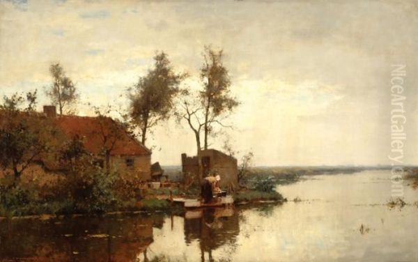 A Woman Doing Laundry In Front Of Her House By The Water - view 1