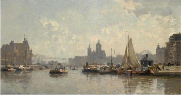 Moored Boats On The Prins
Hendrikkade In Amsterdam, The Sint Nicolaas Church In The Background - view 1