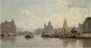 Moored Boats On The Prins
Hendrikkade In Amsterdam, The Sint Nicolaas Church In The Background by Cornelis Vreedenburgh