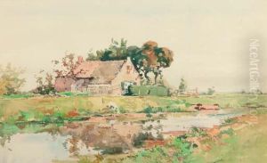 A Farmhouse Near A Stream In Summer by Cornelis Vreedenburgh