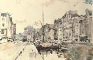Moored Vessels On The Rokin, Amsterdam by Cornelis Vreedenburgh