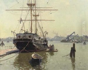 The Brig Pollux Moored At The Oosterdok, Amsterdam by Cornelis Vreedenburgh