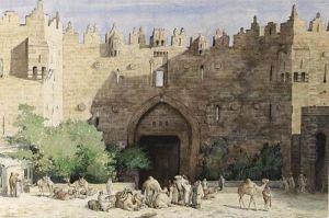 An Oriental Town Gate With Travellers And Camels Resting by Cornelis Vreedenburgh