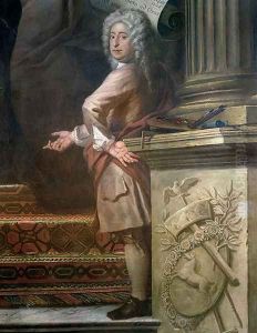 Rear wall painting of the Upper Hall glorifying George I (1660-1727) and the House of Hanover, detail of the artist, 1718-24 by Sir James Thornhill