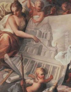 Ceiling of the Painted Hall, detail showing a drawing of the exterior of the Painted Hall, 1707-14 by Sir James Thornhill