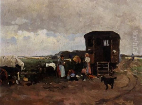 Family Near A Caravan In A Landscape - view 1