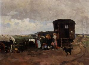 Family Near A Caravan In A Landscape by Cornelis Vreedenburgh
