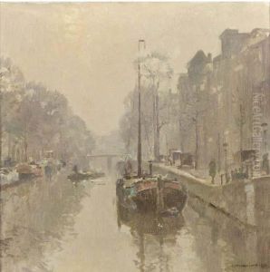 Early Morning: Boats In A Canal, Amsterdam by Cornelis Vreedenburgh