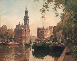 The Flowermarket On The Singel, Amsterdam, With The Munttorenbeyond by Cornelis Vreedenburgh
