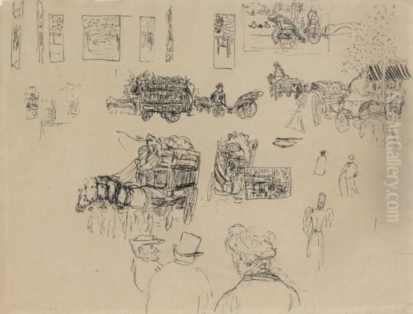 Projet De Decor Pour La Commande De Nathanson. Etudes De Fiacres,omnibus Et Personnages - view 1