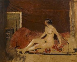 Nude On A Blanket With A Red Floral Pattern C.1888 by Jean-Edouard Vuillard