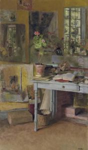 Aux Clayes, Geranium Sur Une Table Bleue, Devant Une Fenetre by Jean-Edouard Vuillard