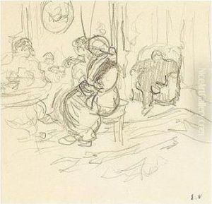 Edouard , -, Figures A La Table,
 Stamped With The Initials , Pencil On Paper, 11.3 By 11.3 Cm., 4 1/2 By
 4 1/2 In