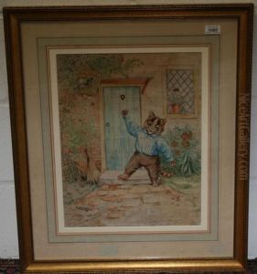 Waving Cat Beside A Cottage Door by Louis Wain